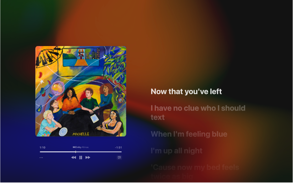 The Full Screen Player with a song playing and lyrics on the right, which appear onscreen in time with the music.