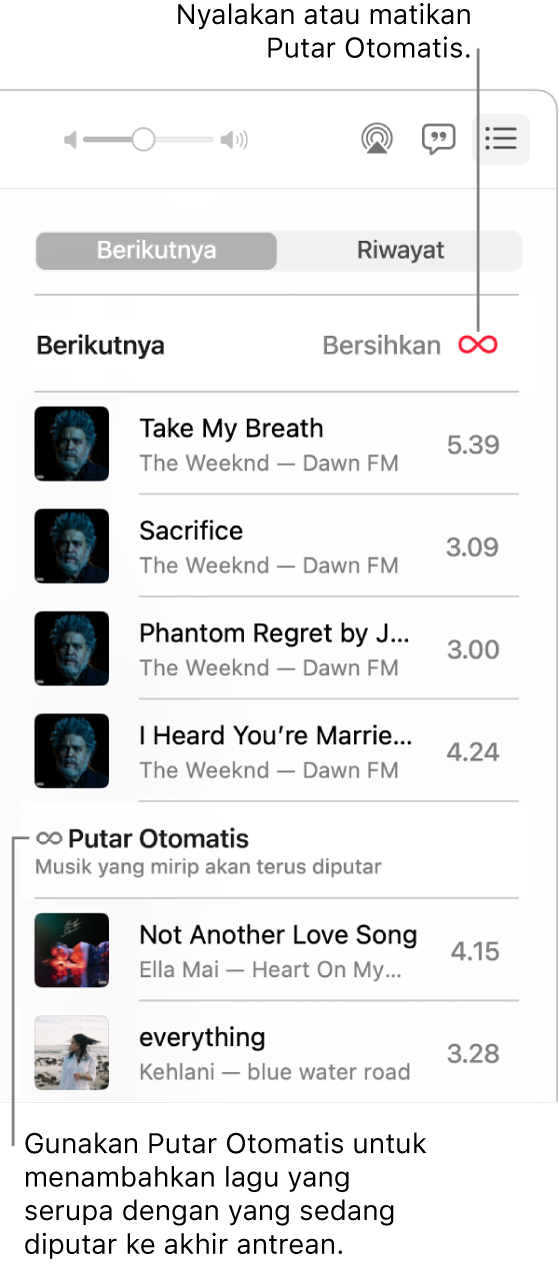 Antrean Berikutnya. Klik tombol Putar Otomatis untuk menyalakan atau mematikannya. Saat Putar Otomatis menyala, lagu serupa ditambahkan ke akhir antrean.