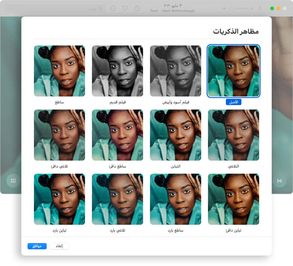 نافذة تطبيق الصور تعرض المظاهر التي يمكنك تطبيقها على العناصر الموجودة في ذكرى.