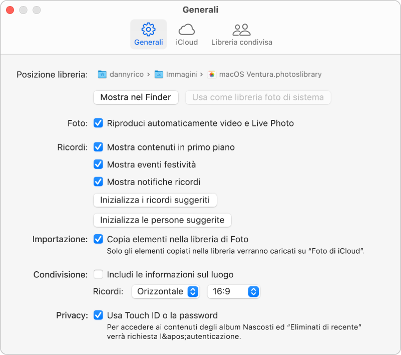 Il pannello Generali delle impostazioni di Foto.