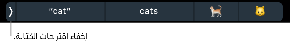 اقتراحات الكتابة تعرض كلمات وعناصر إيموجي، ويظهر مفتاح على اليسار لإخفاء اقتراحات الكتابة.
