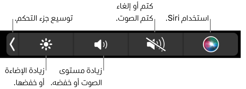 يتضمن جزء التحكم المطوي أزرارًا—من اليسار إلى اليمين—لتوسيع جزء التحكم وزيادة أو خفض إضاءة شاشة العرض ومستوى الصوت وكتم أو إلغاء كتم الصوت واستخدام Siri.