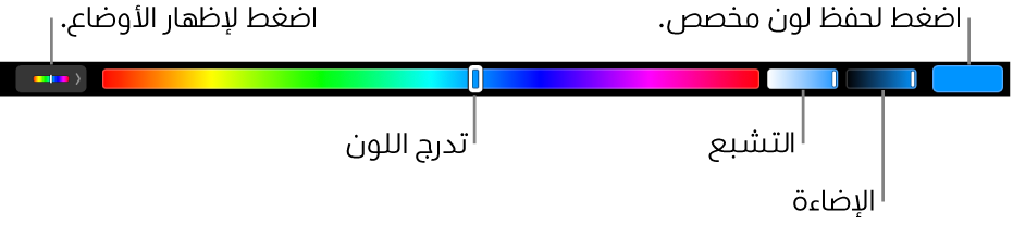 ‏شريط اللمس يعرض أشرطة تمرير الصبغة ودرجة التشبع والسطوع لنمط HSB. على الطرف الأيمن يوجد زر لإظهار كل الأنماط؛ وعلى اليسار يوجد زر لحفظ لون مخصص.