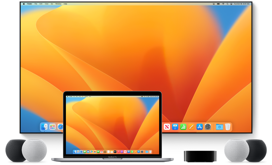 كمبيوتر Mac والأجهزة التي يمكنه بث المحتوى إليها باستخدام البث السريع—على سبيل المثال، Apple TV وسماعات HomePod mini وتلفزيون ذكي.