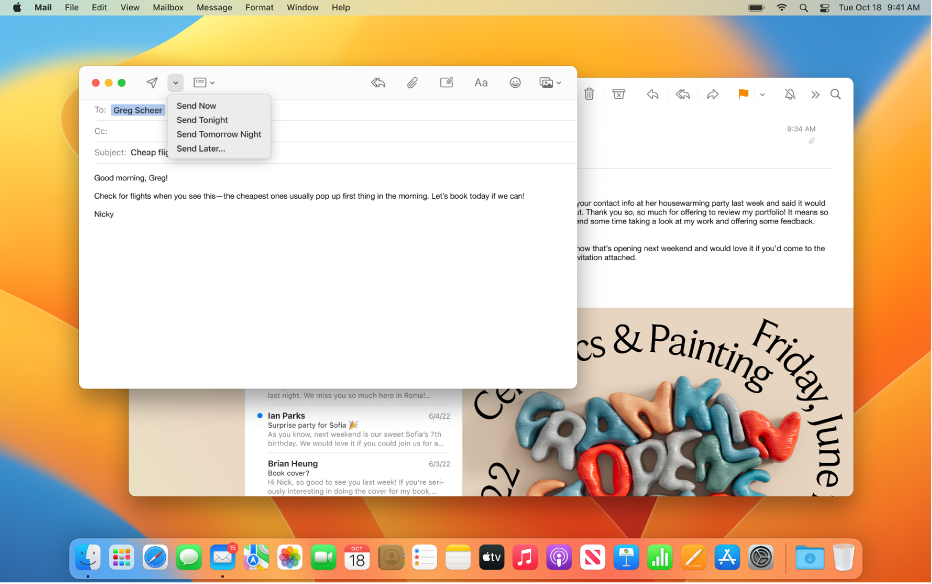 Plocha Macu zobrazující zprávu Mailu připravenou k odeslání – můžete zvolit, zda má být odeslána hned, dnes večer, zítra večer nebo později