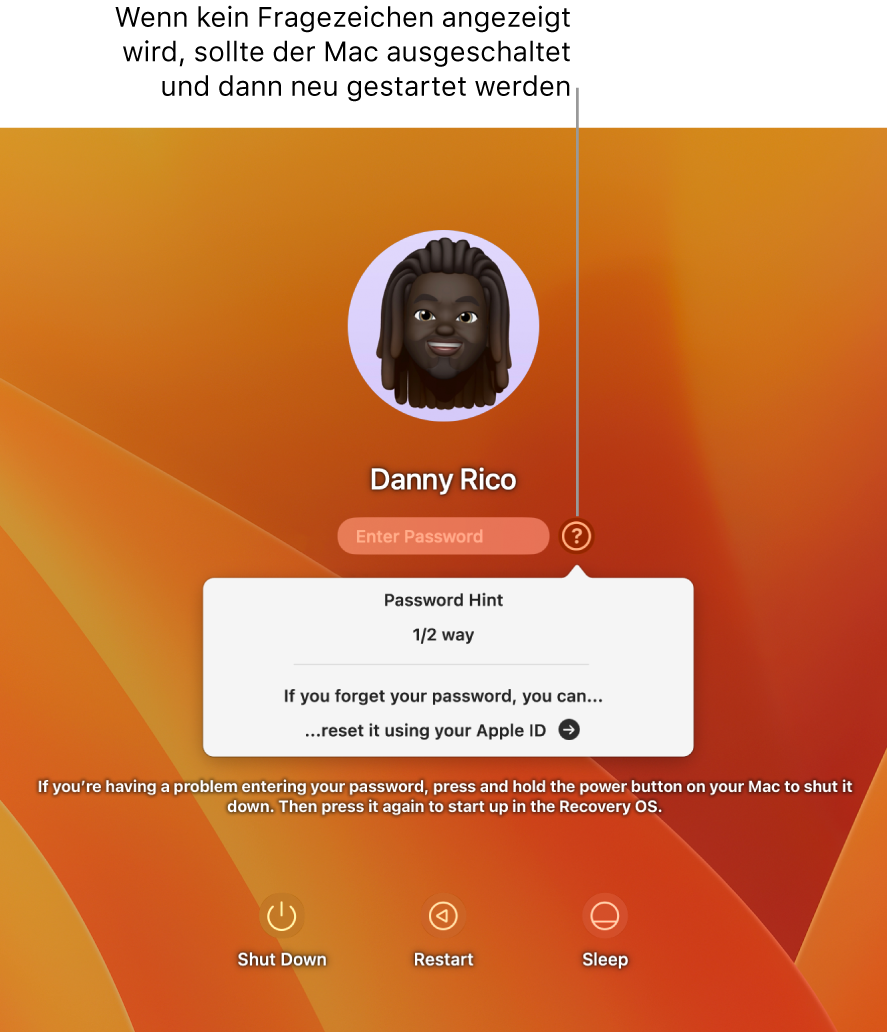 Der Anmeldebildschirm auf dem Mac, der die Merkhilfe für das Passwort und Anleitungen zum Zurücksetzen des Passworts zeigt.