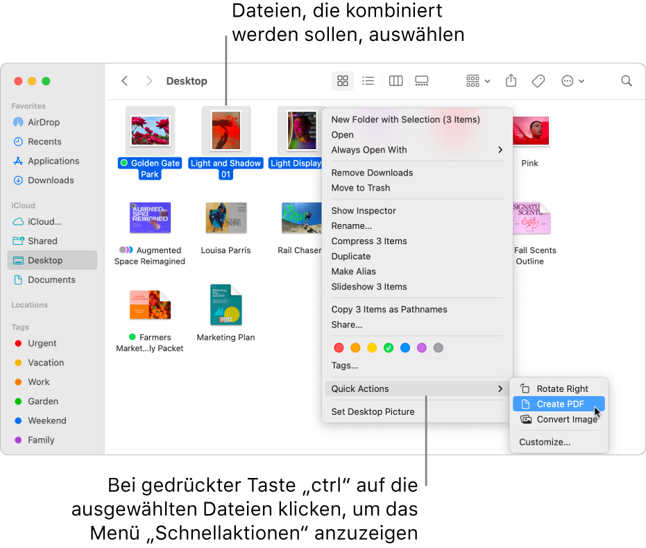 Ein Finder-Fenster enthält Dateien und Ordner, drei Dateien sind ausgewählt und „PDF erstellen“ ist im Menü „Schnellaktionen“ hervorgehoben.