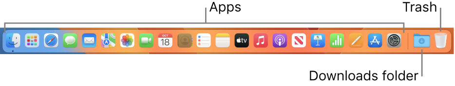 The Dock showing icons for apps, the Downloads stack, and the Trash.