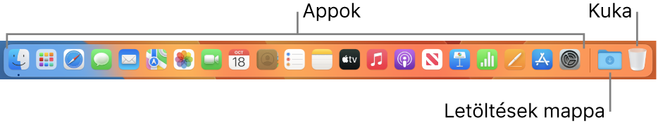 A Dock, melyen appikonok, a Letöltések pakli és a Kuka láthatók.