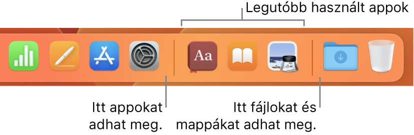 A Dock jobb széle a legutóbb használt appok szakasza előtt és után lévő elválasztóvonalakkal.