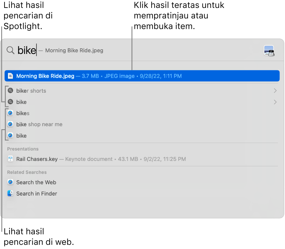 Jendela Spotlight menampilkan teks pencarian di bidang pencarian di bagian atas jendela dan hasil di bawah.