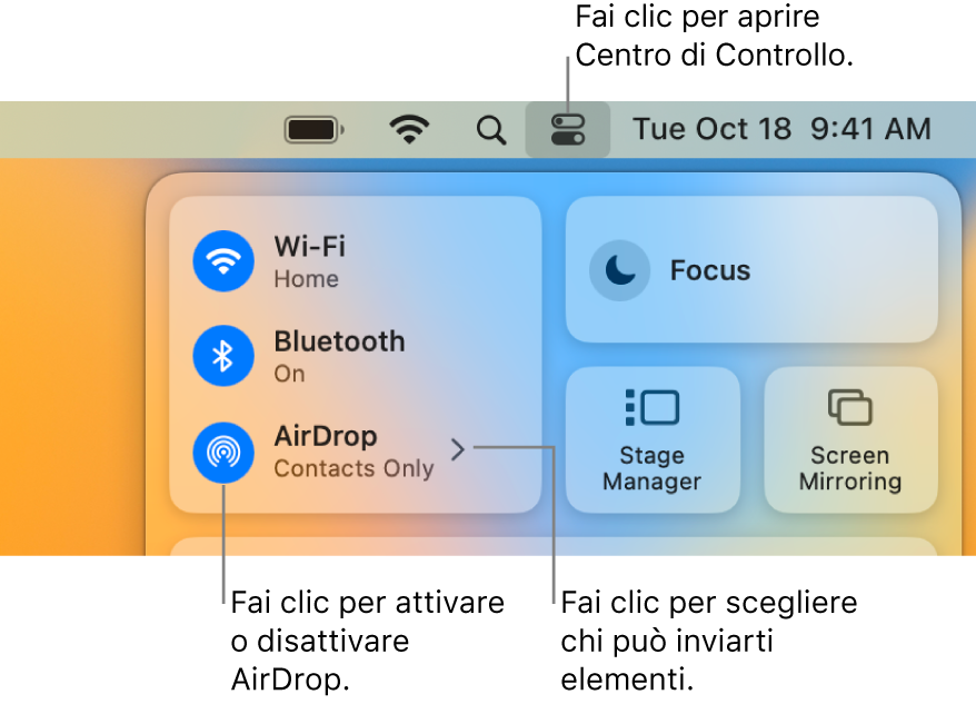 Una finestra di Centro di Controllo che mostra i controlli per attivare o disattivare rapidamente AirDrop e selezionare chi può inviarti elementi.