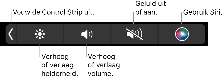 De samengevouwen Control Strip met (van links naar rechts) knoppen om de Control Strip uit te vouwen, de helderheid en het volume aan te passen, het geluid te dempen of in te schakelen en Siri te gebruiken.