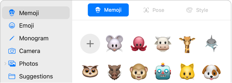 Het dialoogvenster met de Apple ID-afbeelding, met 'Memoji' geselecteerd in de navigatiekolom en verschillende memoji's aan de rechterkant.