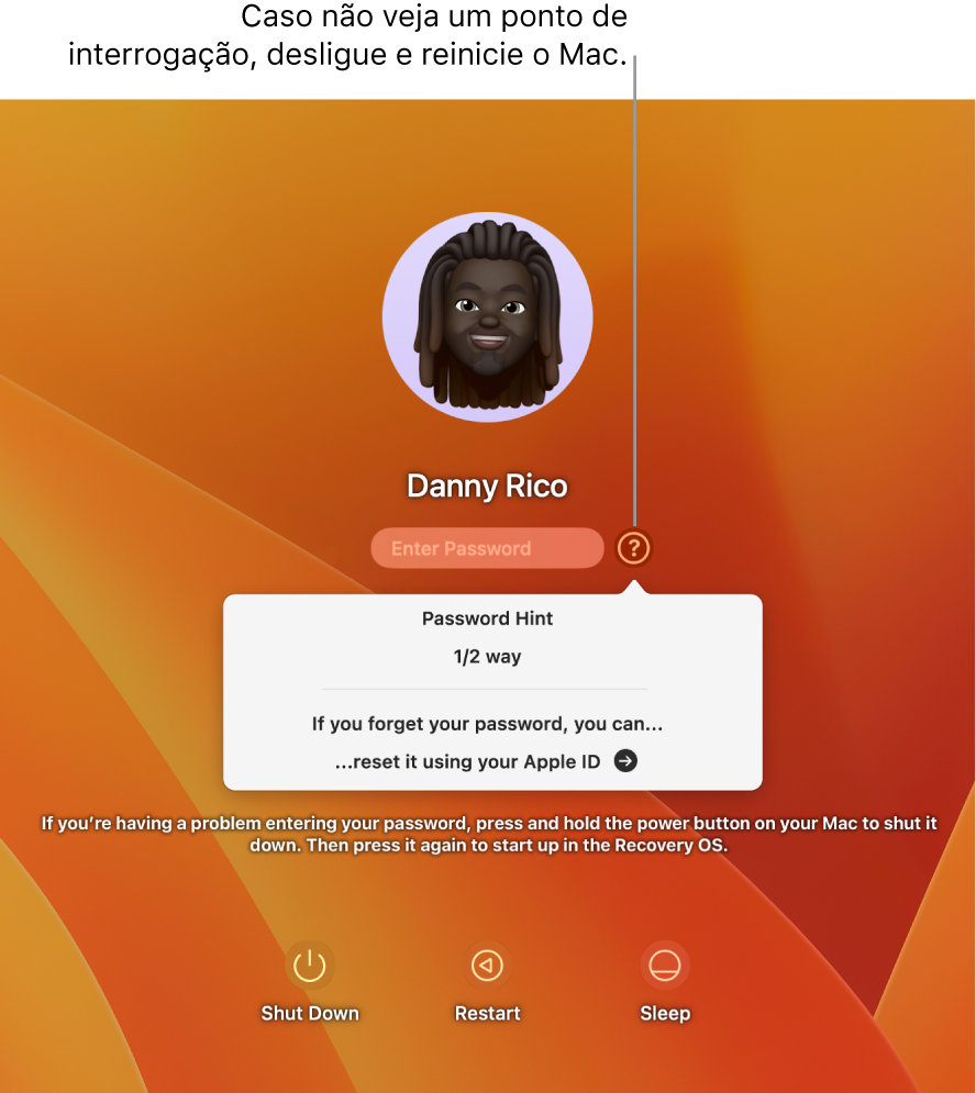 A tela de início de sessão do Mac mostrando a dica de senha e instruções para redefinir sua senha.