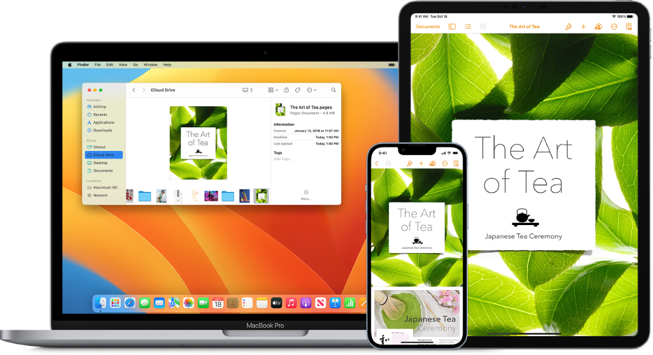 O mesmo documento do Pages no iCloud Drive em uma janela do Finder em um Mac e no app Pages em um iPhone e iPad.