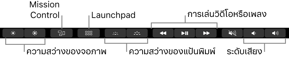 Control Strip ที่ขยายอยู่จะมีปุ่มต่างๆ เรียงจากซ้ายไปขวาดังนี้ ความสว่างจอภาพ, Mission Control, Launchpad, ความสว่างแป้นพิมพ์, การเล่นวิดีโอหรือเพลง และระดับเสียง