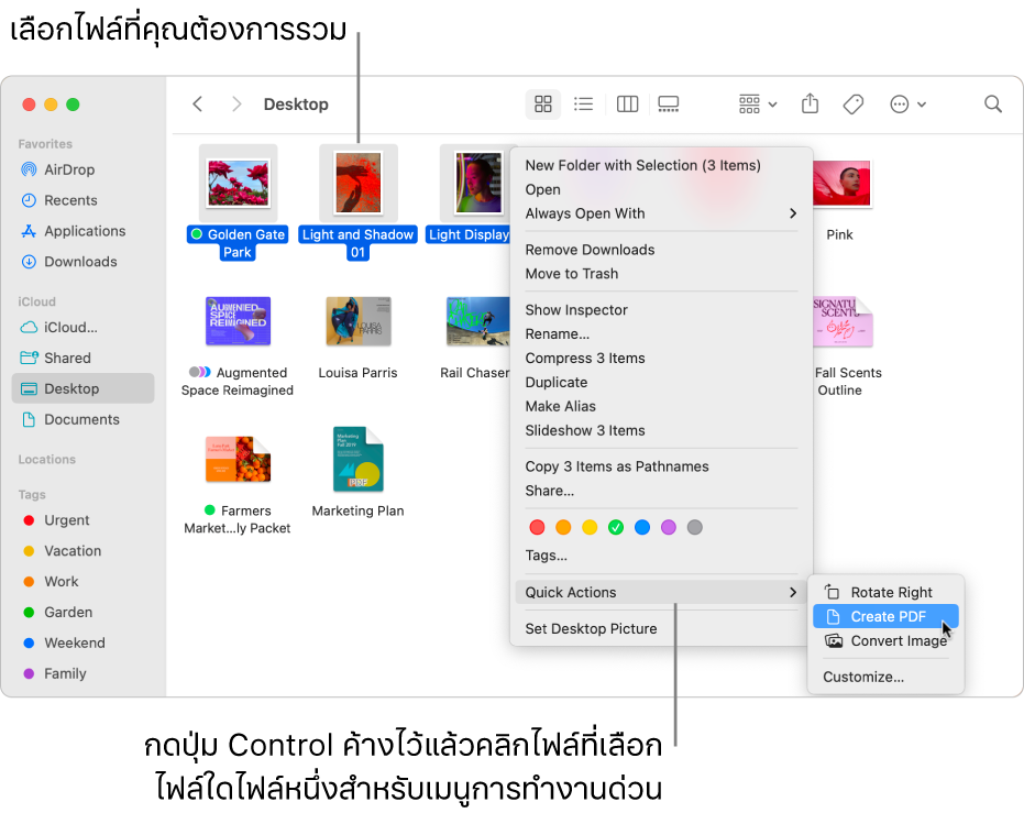 หน้าต่าง Finder ที่มีไฟล์และโฟลเดอร์ ซึ่งมีสามไฟล์ถูกเลือกอยู่และสร้าง PDF ถูกไฮไลท์อยู่ในเมนูการทำงานด่วน