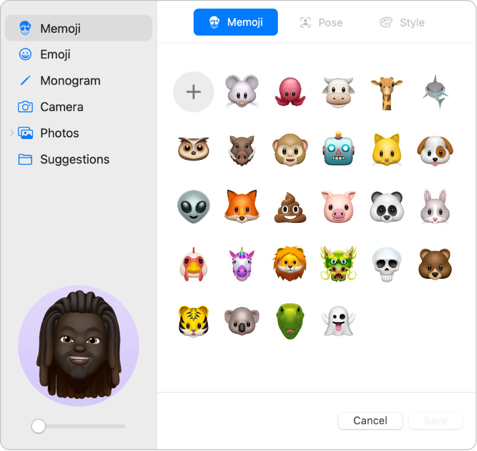 Apple ID 圖片對話框。側邊欄中顯示一系列相片選項，包括 Memoji、「姓名簡稱」、「相片」等。已選取 Memoji，然後右邊顯示 Memoji 網格。