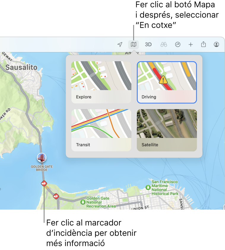 Un mapa de San Francisco que mostra opcions del mapa, la casella Trànsit seleccionada i les incidències de trànsit al mapa.