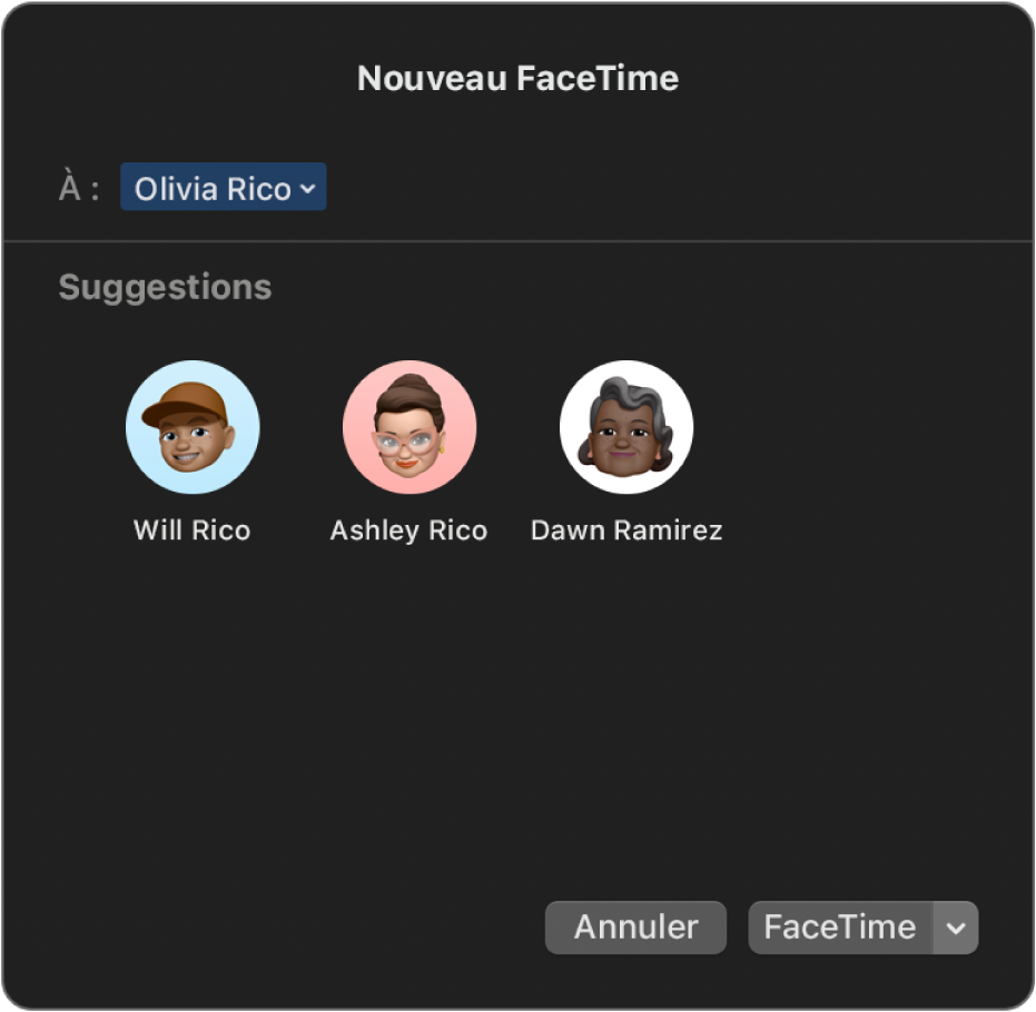 La nouvelle fenêtre FaceTime ; saisissez les appelants directement dans le champ À ou choisissez-les dans Suggestions.