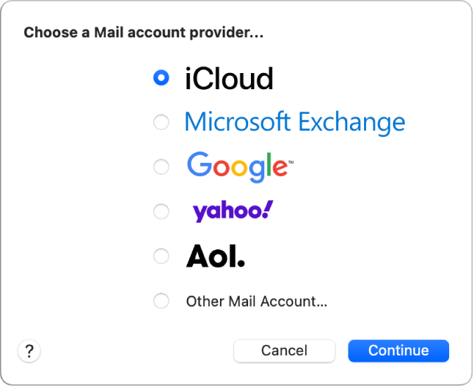 Das Dialogfenster zur Auswahl eines E-Mail-Accounttyps mit iCloud, Exchange, Google, Yahoo, AOL und „Anderer Mail-Account“