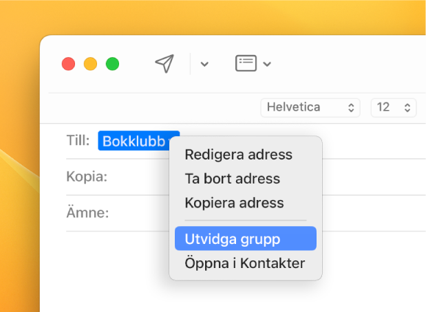 Ett mejl med en lista i Till-fältet och popupmenyn med kommandot Utvidga grupp.