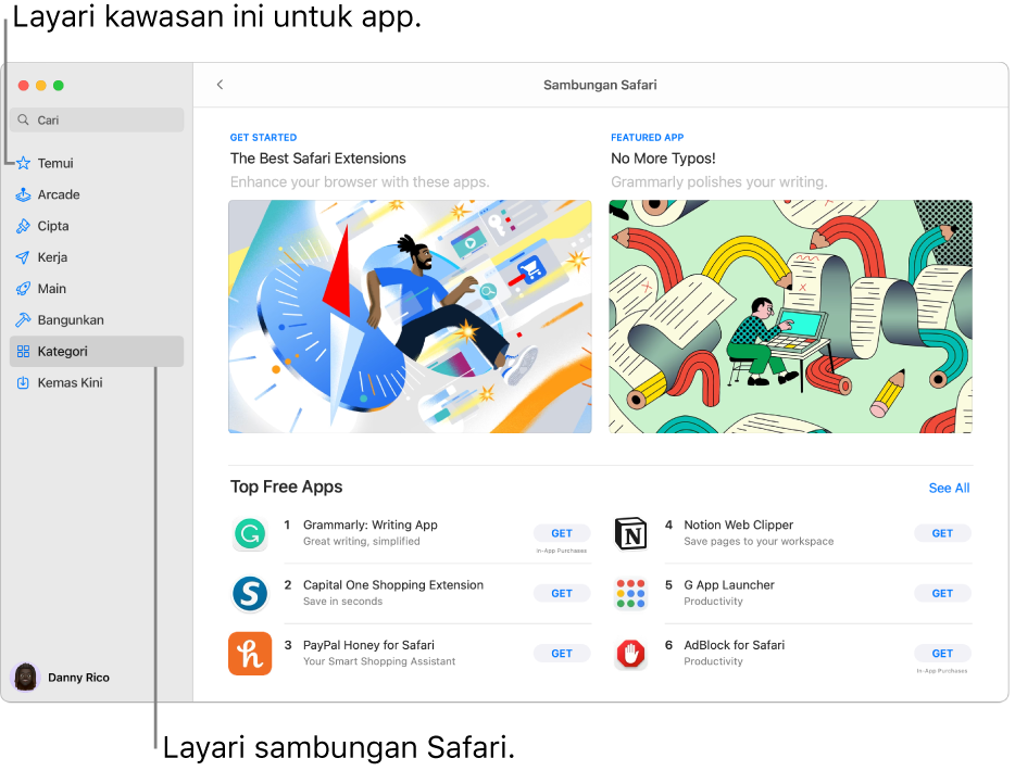 Halaman Mac App Store Sambungan Safari. Bar sisi di sebelah kiri termasuk pautan ke halaman lain: Temui, Arcade, Cipta, Kerja, Main, Bangunkan, Kategori dan Kemas Kini. Di sebelah kanan ialah sambungan Safari yang tersedia.