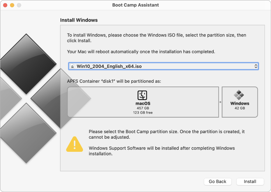 The Boot Camp Assistant installation window. At the bottom right is the Install button, and to the left of it is the Go Back button.