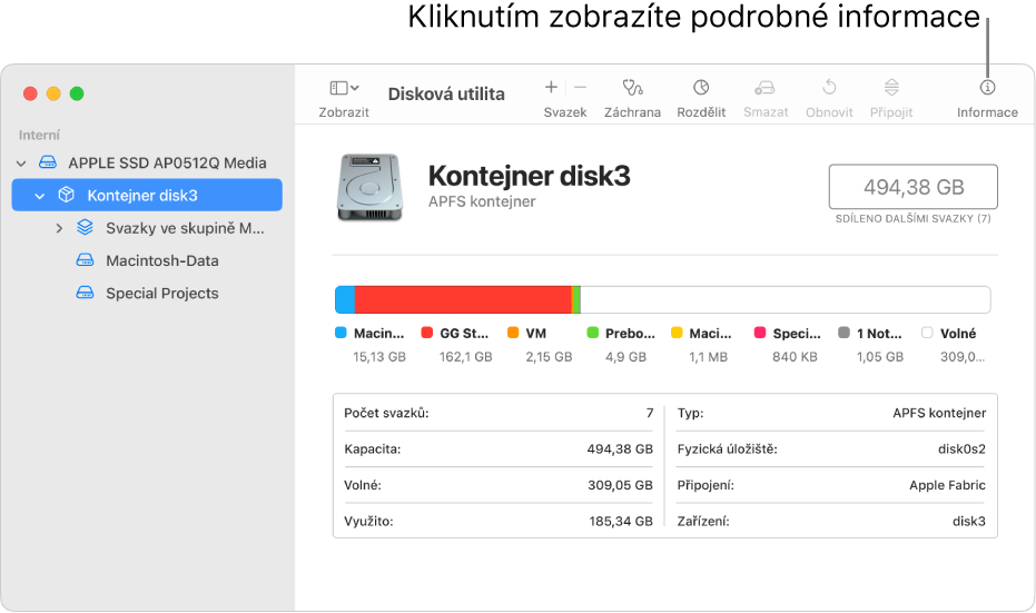 Okno Diskové utility s úložným zařízením vybrané’ým na bočním panelu a informacemi o zobrazeném zařízení napravo