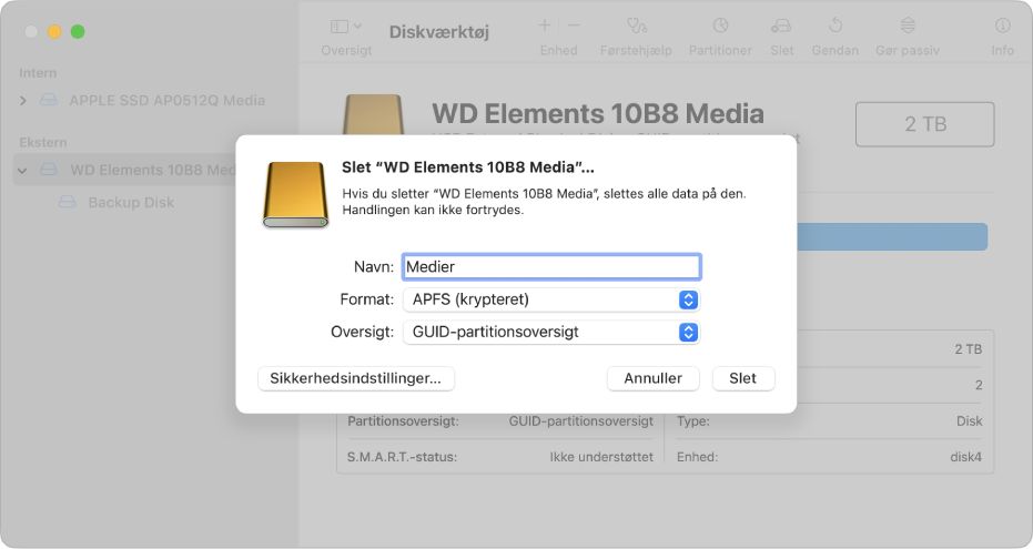 Et Diskværktøj-vindue, der viser dialogen Slet, som indstilles til at omformatere et eksternt drev i et APFS-krypteret format.