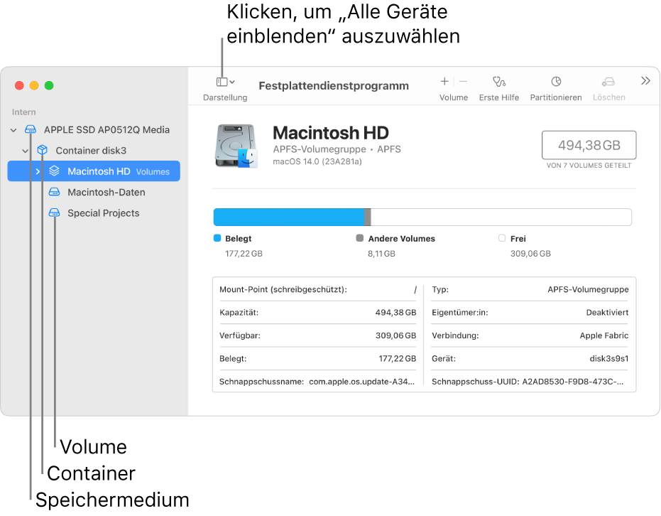 Fenster des Festplattendienstprogramms zeigt in der Darstellung „Alle Geräte einblenden“ drei Volumes, einen Container und ein Speichergerät.