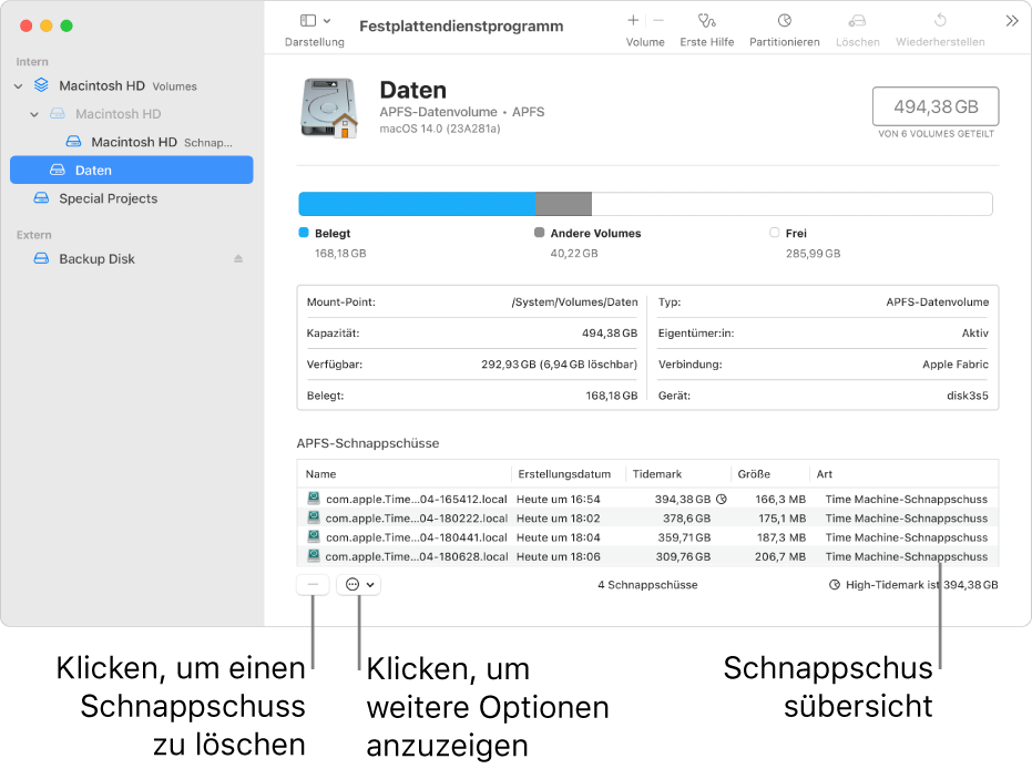 Fenster des Festplattendienstprogramms mit der Schnappschuss-Übersicht.