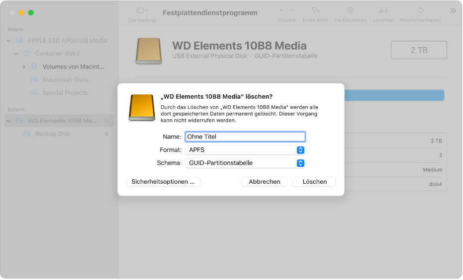 Das Dialogfenster „Löschen“ mit den Feldern für den Namen, das Format und das Tabellenschema.