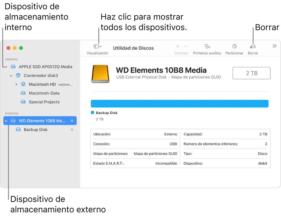 La ventana de Utilidad de Discos mostrando dos dispositivos de almacenamiento en la visualización “Mostrar todos los dispositivos”.