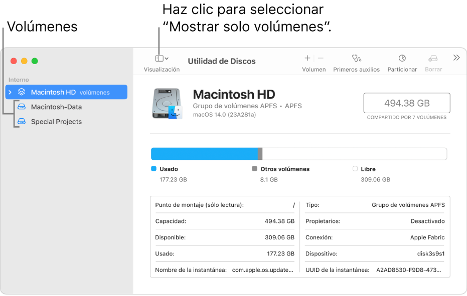 La ventana Utilidad de Discos con la visualización “Mostrar sólo los volúmenes”.