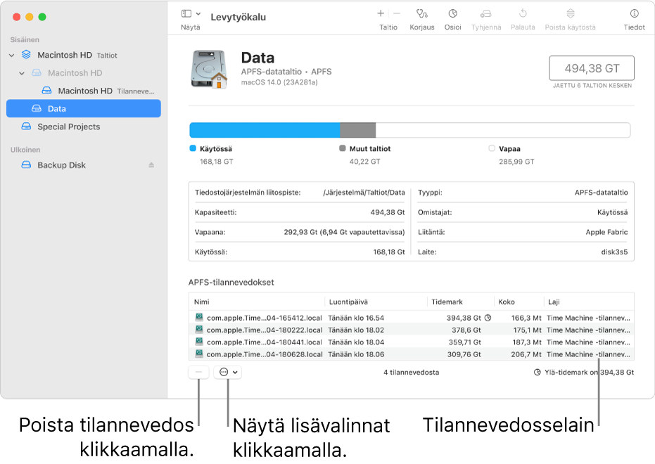 Levytyökalu-ikkuna, jossa näkyy tilannevedosselain.