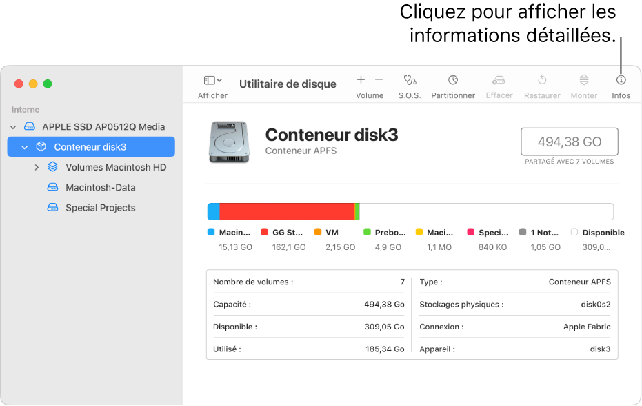 Fenêtre Utilitaire de disque affichant un appareil de stockage sélectionné dans la barre latérale et des informations sur l’appareil affichées sur la droite.