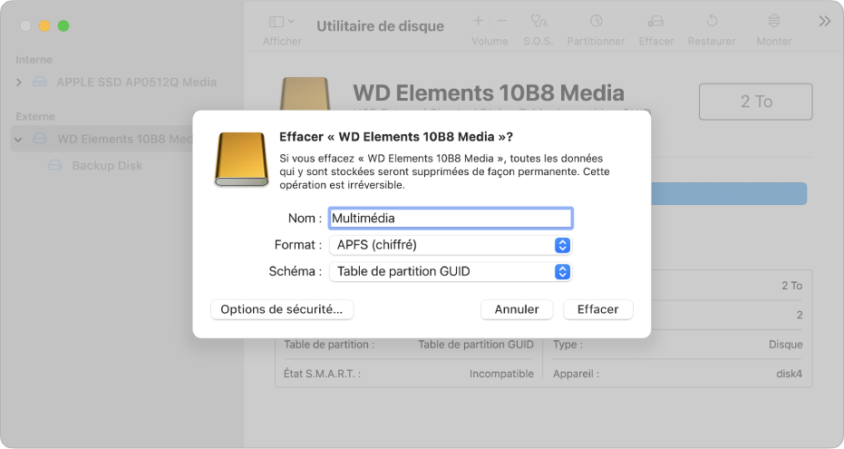 Fenêtre Utilitaire de disque affichant la configuration de la zone de dialogue Effacer pour reformater un lecteur externe en format chiffré APFS.