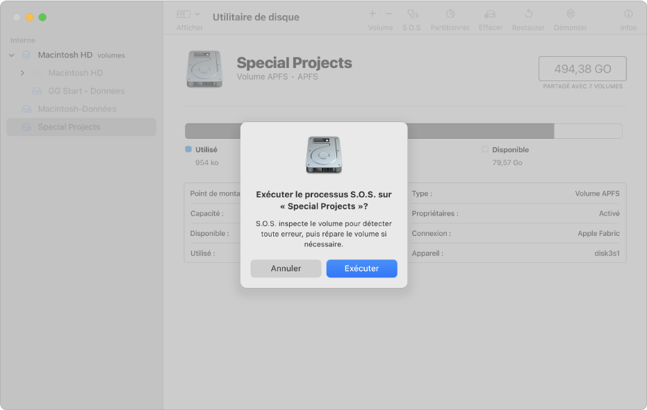 Fenêtre Utilitaire de disque affichant la zone de dialogue de confirmation S.O.S.