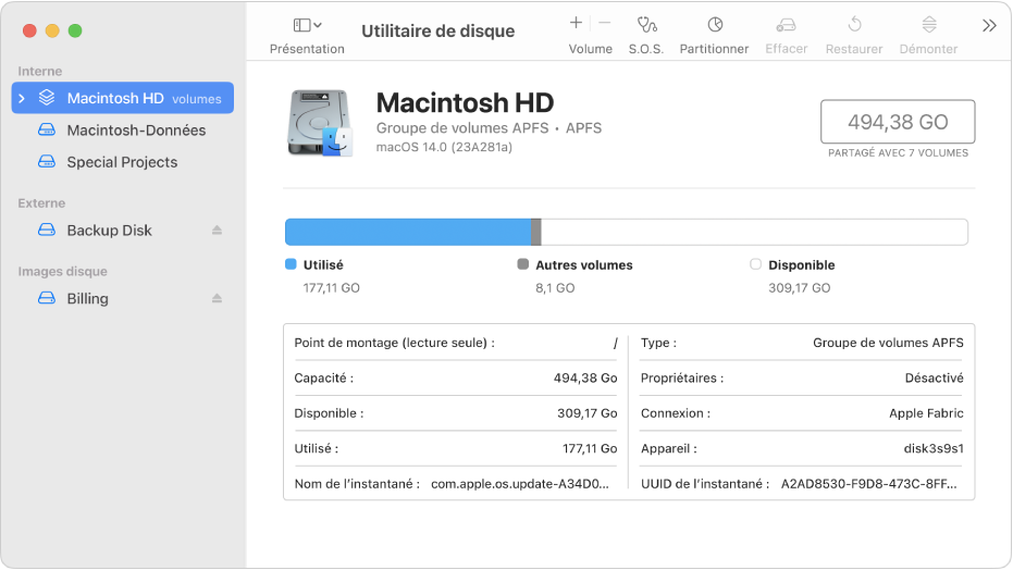 La fenêtre Utilitaire de disque, affichant deux volumes APFS sur un disque interne, un volume sur un disque externe et une image disque.