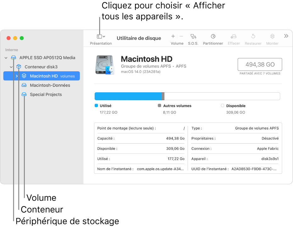 Une fenêtre Utilitaire de disque en présentation « Afficher tous les appareils ».