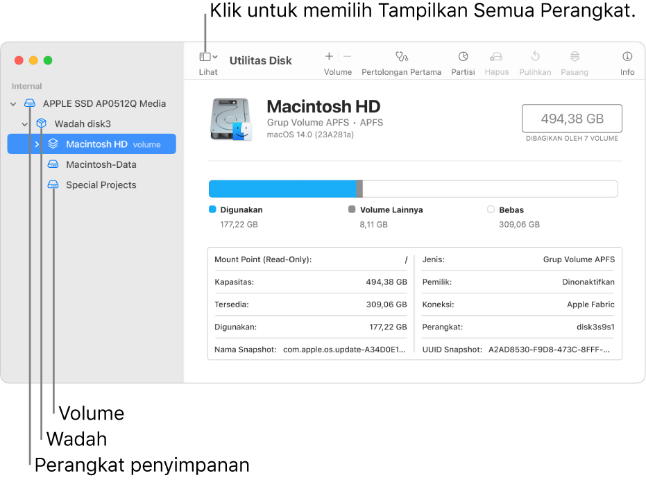 Jendela Utilitas Disk, menampilkan tiga volume, wadah, dan perangkat penyimpanan di tampilan Tampilkan Semua Perangkat.