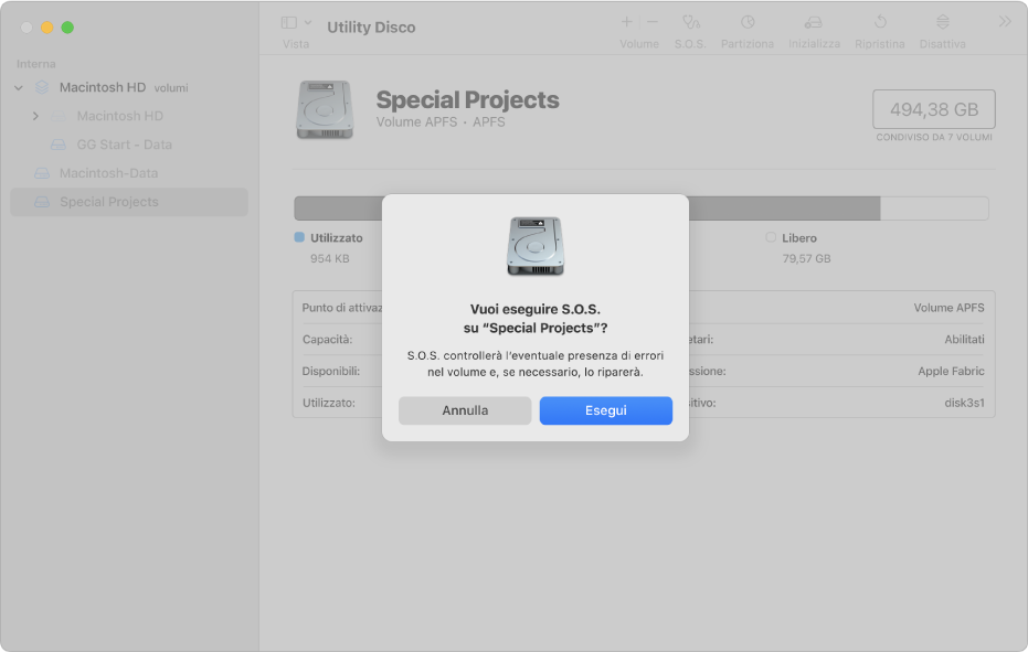 Una finestra di Utility Disco che la finestra di dialogo per la conferma di S.O.S.