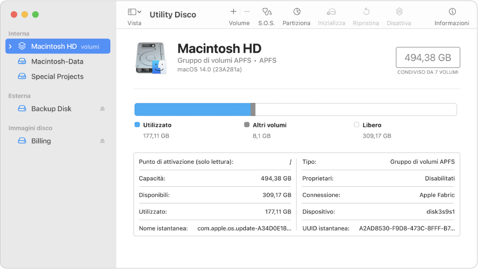 Una finestra di Utility Disco con la vista “Mostra solo volumi” selezionata. La barra laterale sulla sinistra mostra due volumi interni, un volume esterno e un volume immagine disco. Il lato destro della finestra mostra i dettagli del volume selezionato.