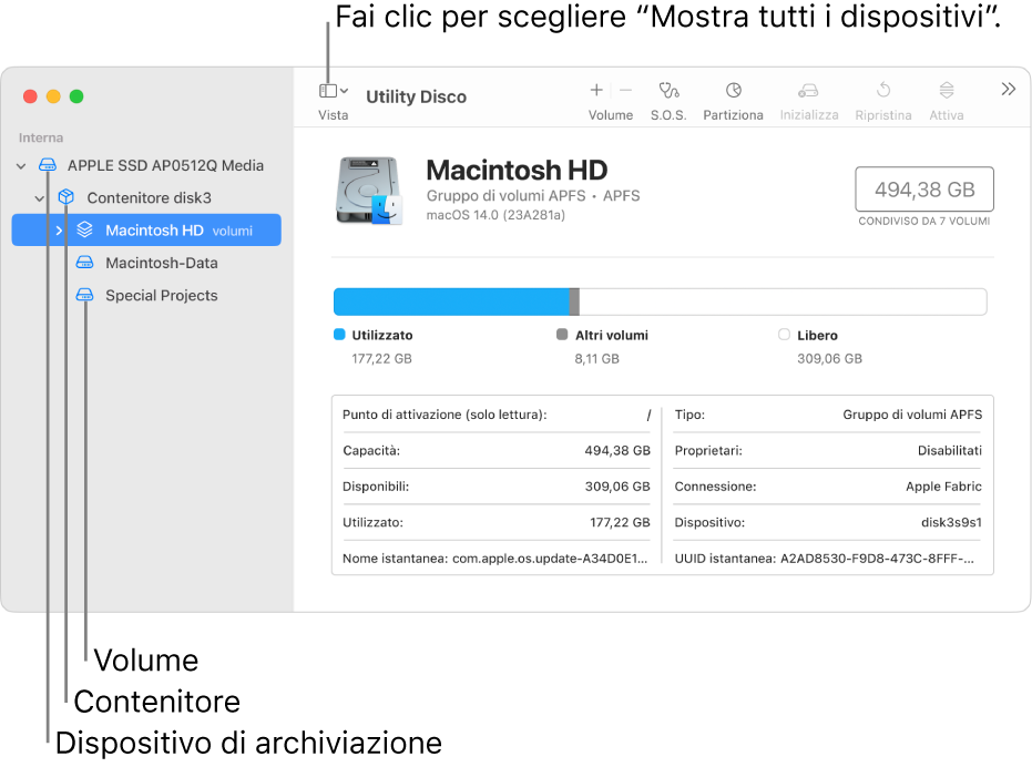 Una finestra di Utility Disco che mostra tre volumi, un contenitore e un dispositivo di archiviazione nella vista “Mostra tutti i dispositivi”.