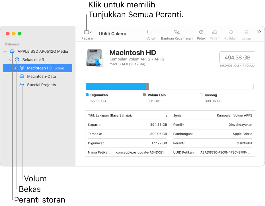 Tetingkap Utiliti Cakera, menunjukkan tiga volum, bekas dan peranti storan dalam paparan Tunjukkan Semua peranti.