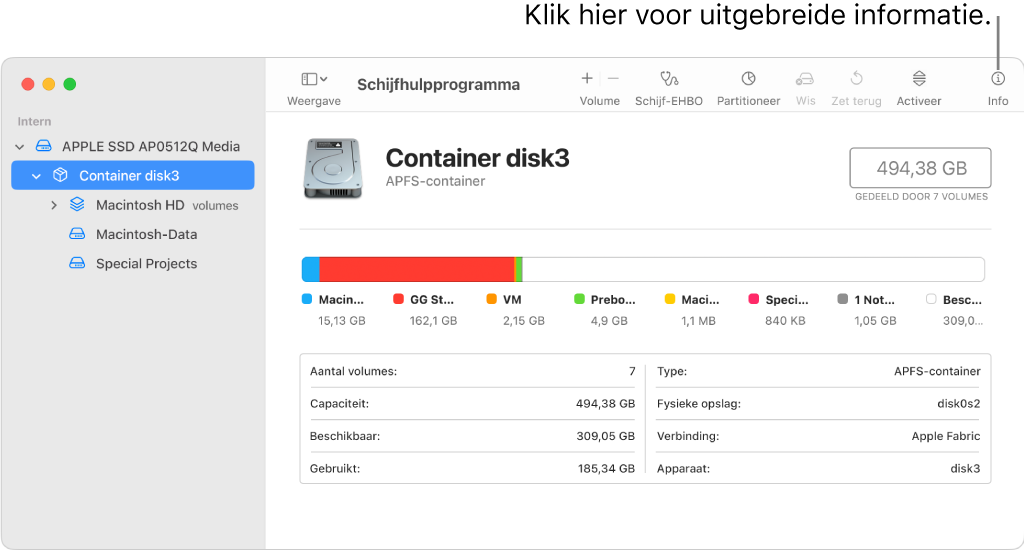 Een venster van Schijfhulpprogramma met een opslagapparaat geselecteerd in de navigatiekolom en informatie over het apparaat aan de rechterkant.