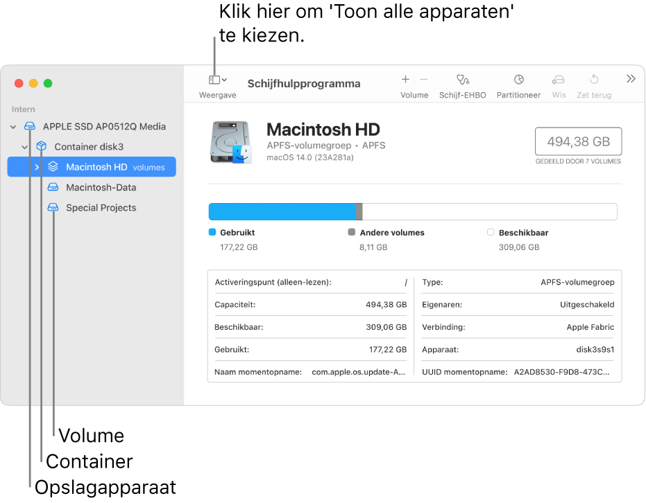 Een venster van Schijfhulpprogramma met drie volumes een container en een opslagapparaat in de weergave 'Toon alle apparaten'.