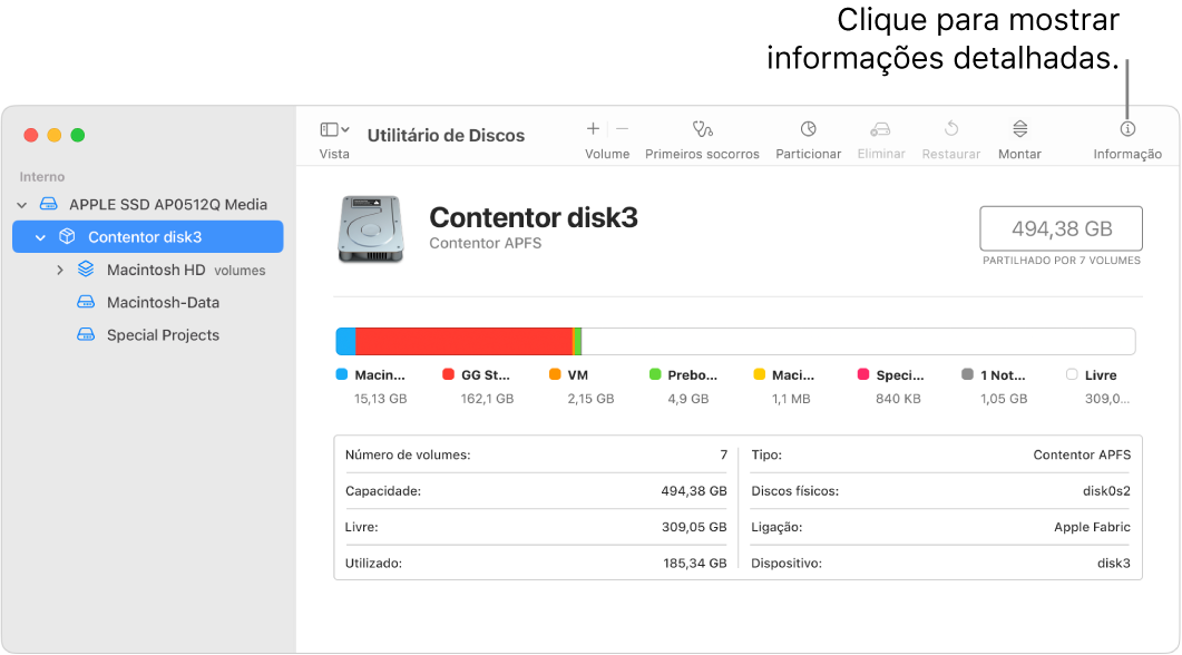 Uma janela do Utilitário de Discos a mostrar um dispositivo de armazenamento selecionado na barra lateral e informações acerca do dispositivo apresentadas à direita.